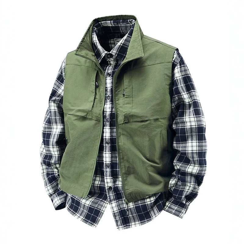 Herren Multifunktionale Canvas-Weste mit Front- und Brusttaschen sowie verstellbarem Saum Drune