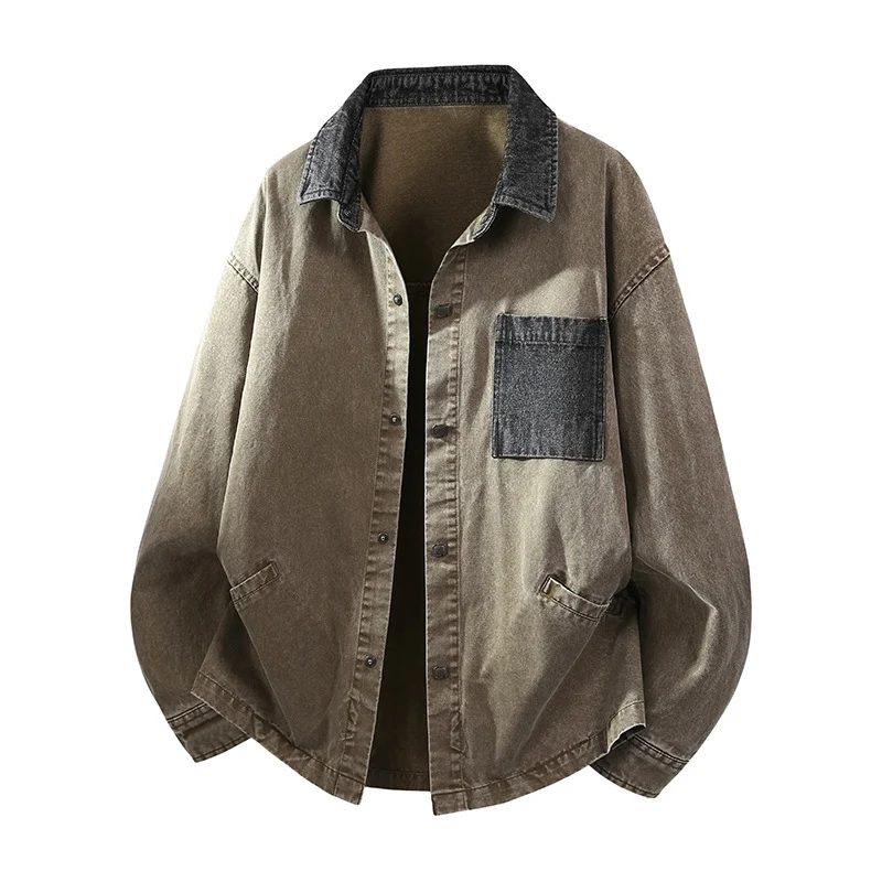 Herren Locker geschnittene Denim-Hemdjacke mit Kastenform und Eingrifftaschen Drune