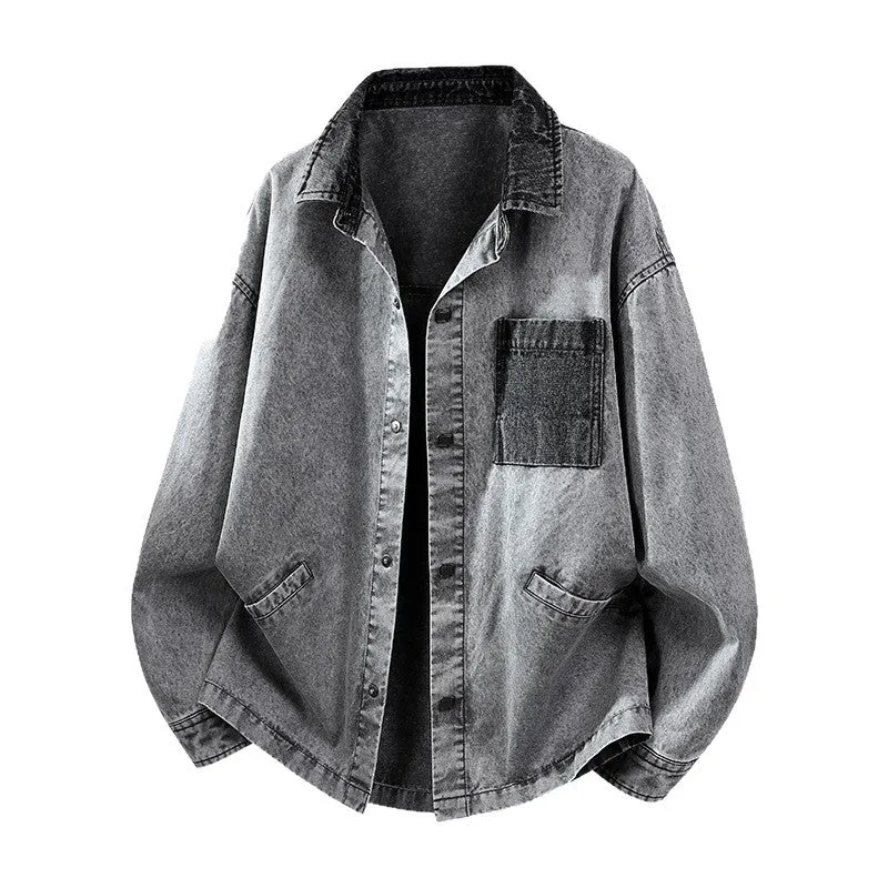 Herren Locker geschnittene Denim-Hemdjacke mit Kastenform und Eingrifftaschen Drune