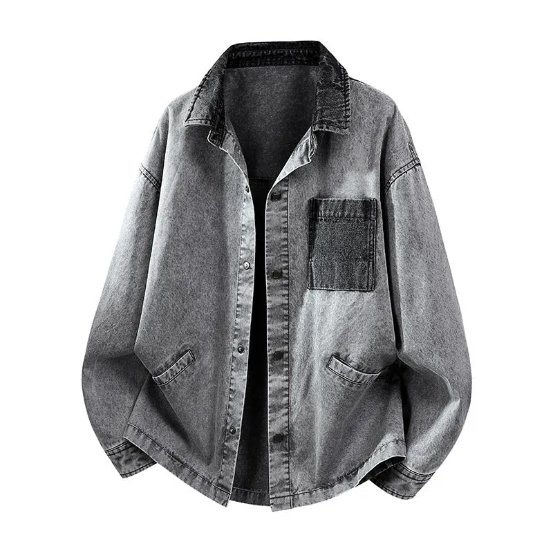 Herren Locker geschnittene Denim-Hemdjacke mit Kastenform und Eingrifftaschen Drune