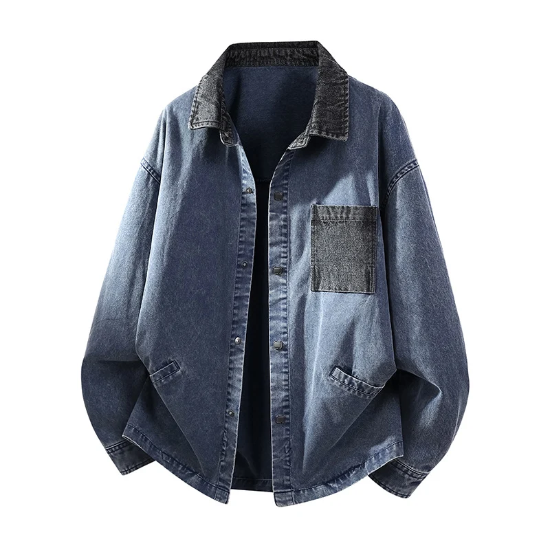 Herren Locker geschnittene Denim-Hemdjacke mit Kastenform und Eingrifftaschen Drune