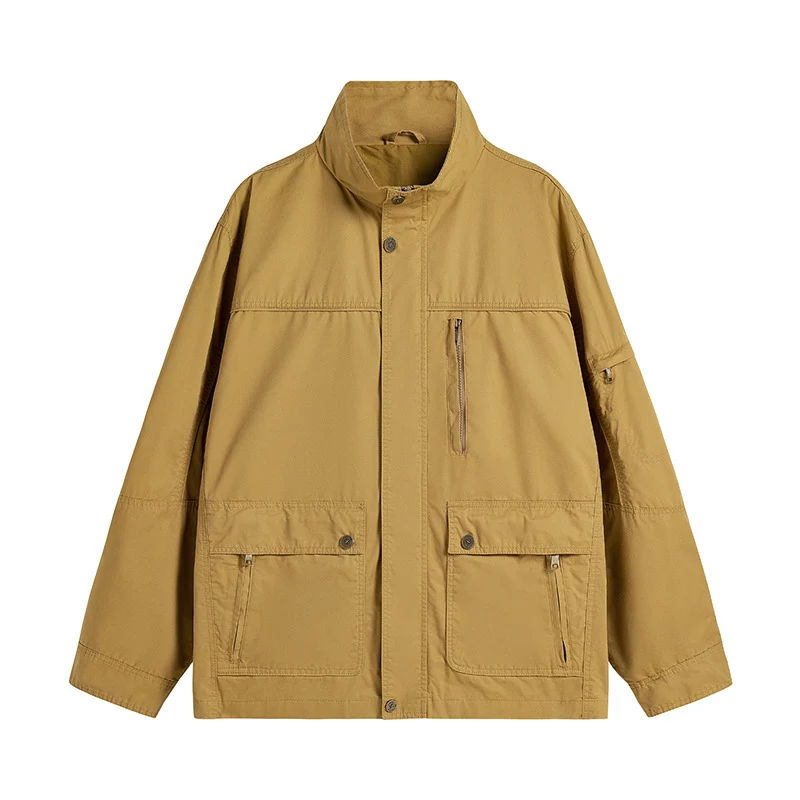 Herren leichte Utility-Feldjacke mit Stehkragen und Mehrfachtaschen Drune