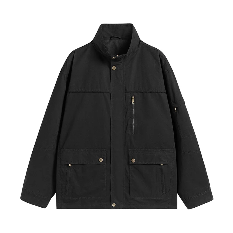 Herren leichte Utility-Feldjacke mit Stehkragen und Mehrfachtaschen Drune