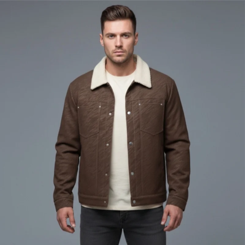 Herren Lässige Sherpa-gefütterte Truckerjacke mit Kunstfellkragen Drune