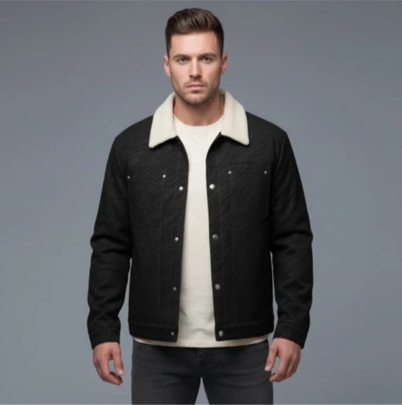 Herren Lässige Sherpa-gefütterte Truckerjacke mit Kunstfellkragen Drune