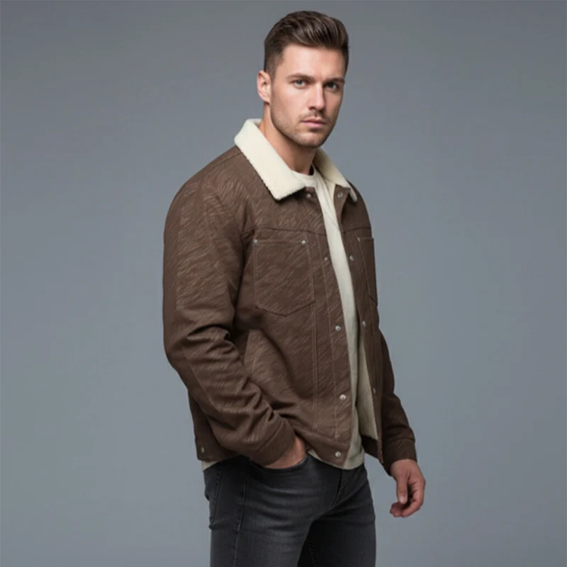 Herren Lässige Sherpa-gefütterte Truckerjacke mit Kunstfellkragen Drune