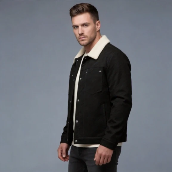 Herren Lässige Sherpa-gefütterte Truckerjacke mit Kunstfellkragen Drune