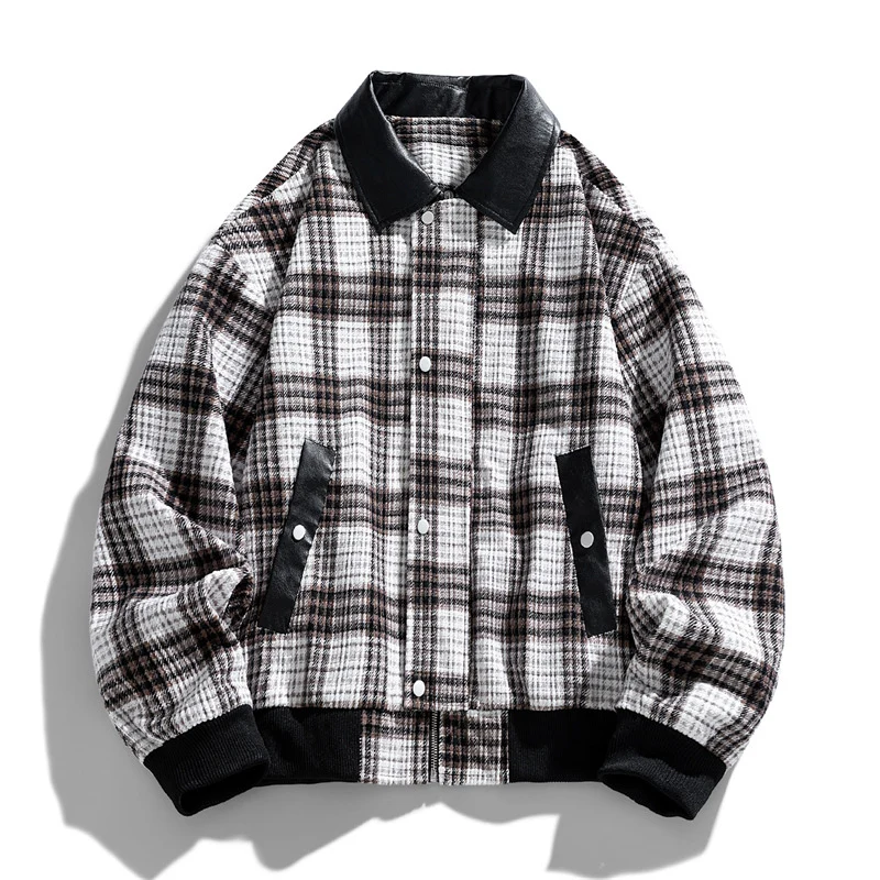 Herren Kariertes Overshirt-Blouson mit kontrastierendem Kunstlederkragen und Rippbündchen Drune