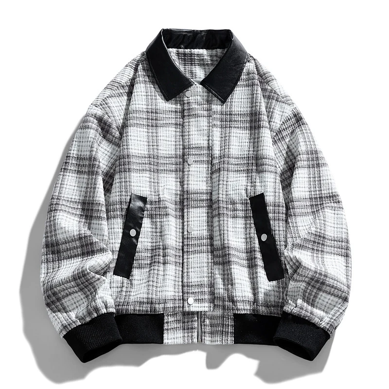 Herren Kariertes Overshirt-Blouson mit kontrastierendem Kunstlederkragen und Rippbündchen Drune
