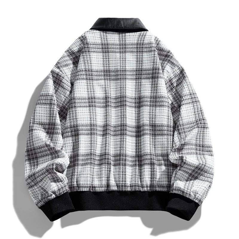 Herren Kariertes Overshirt-Blouson mit kontrastierendem Kunstlederkragen und Rippbündchen Drune