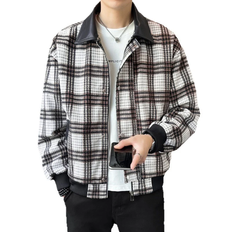 Herren Kariertes Overshirt-Blouson mit kontrastierendem Kunstlederkragen und Rippbündchen Drune