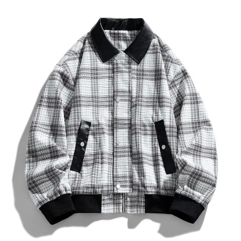 Herren Kariertes Overshirt-Blouson mit kontrastierendem Kunstlederkragen und Rippbündchen Drune