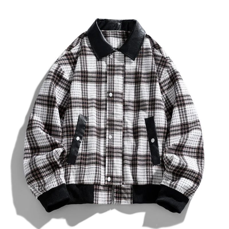 Herren Kariertes Overshirt-Blouson mit kontrastierendem Kunstlederkragen und Rippbündchen Drune