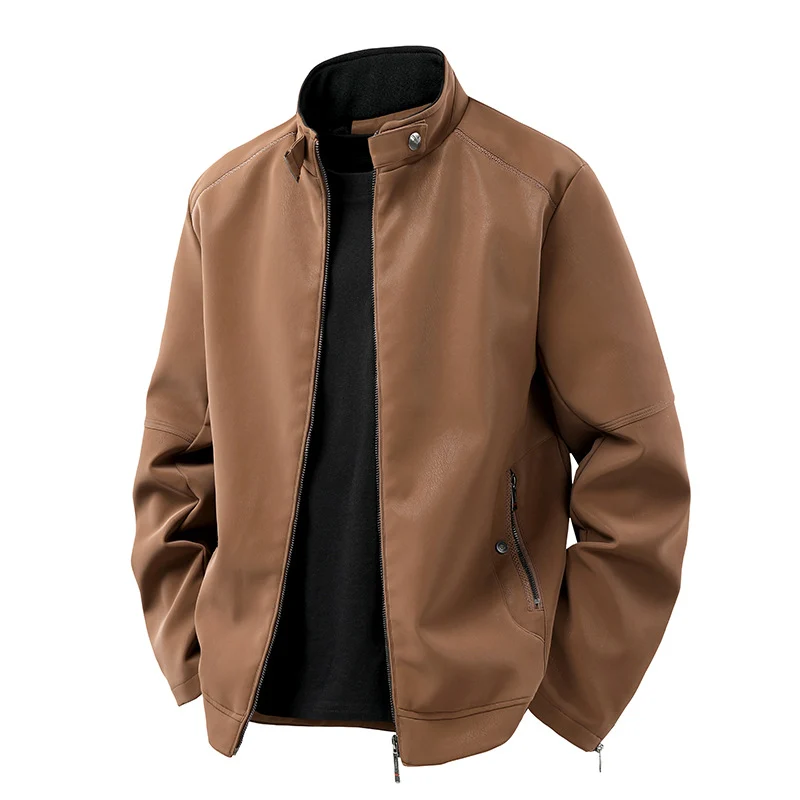 Herren Casual-Lederoptik-Blouson mit Stehkragen und verdecktem Reißverschluss Drune