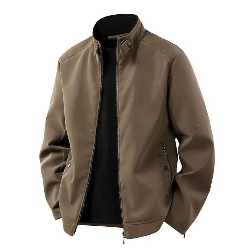 Herren Casual-Lederoptik-Blouson mit Stehkragen und verdecktem Reißverschluss Drune