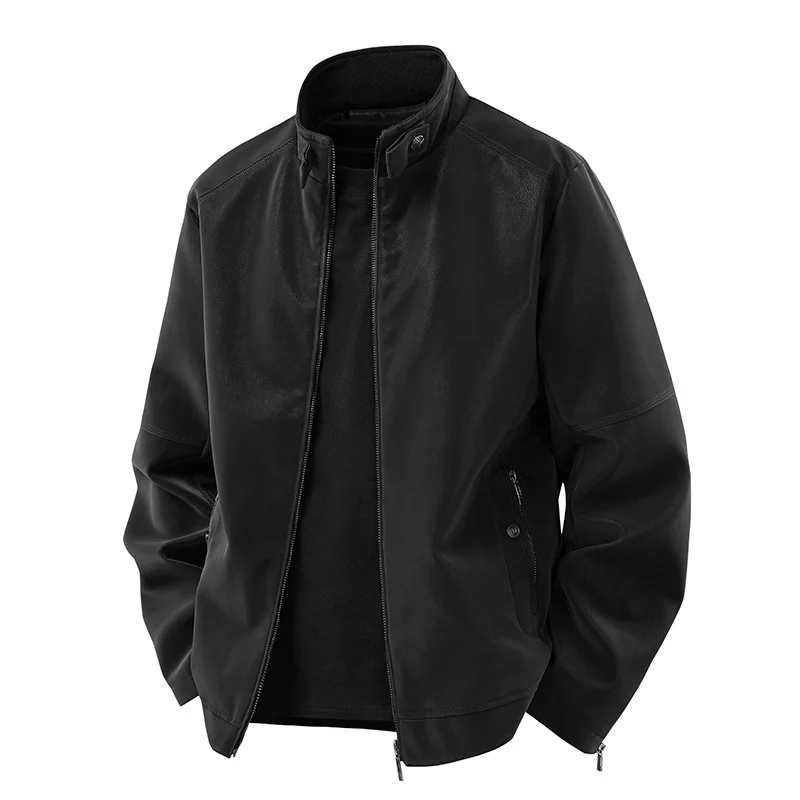 Herren Casual-Lederoptik-Blouson mit Stehkragen und verdecktem Reißverschluss Drune