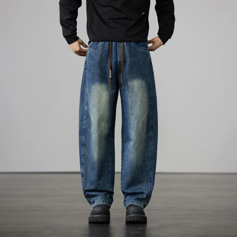Herren Baggy-Denimhose mit Tunnelzug und Used-Wash-Details Drune