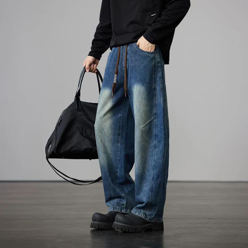Herren Baggy-Denimhose mit Tunnelzug und Used-Wash-Details Drune