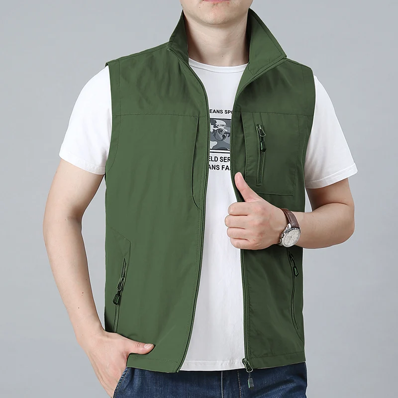 Herren Leichte Multifunktionale Outdoor-Weste mit Reißverschlusstaschen und Stehkragen Drune