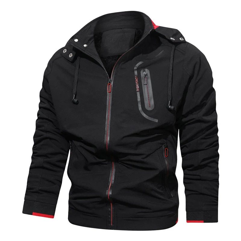 Herren leichte Kapuzen-Übergangsjacke mit wasserabweisender Oberfläche, verdeckten Reißverschlüssen und raffinierten Raffärmeln Drune