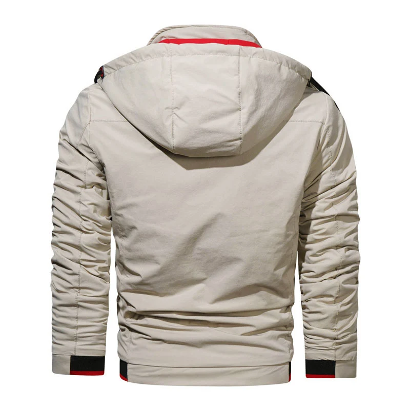 Herren leichte Kapuzen-Übergangsjacke mit wasserabweisender Oberfläche, verdeckten Reißverschlüssen und raffinierten Raffärmeln Drune