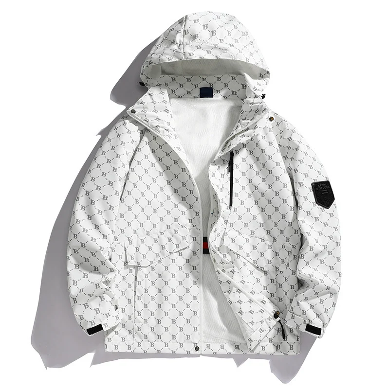 Herren Leichte Kapuzen-Logoallover-Fieldjacke mit Mesh-Futter und wasserabweisender Oberfläche Drune
