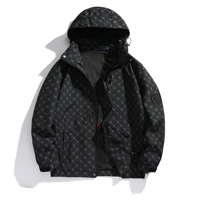 Herren Leichte Kapuzen-Logoallover-Fieldjacke mit Mesh-Futter und wasserabweisender Oberfläche Drune