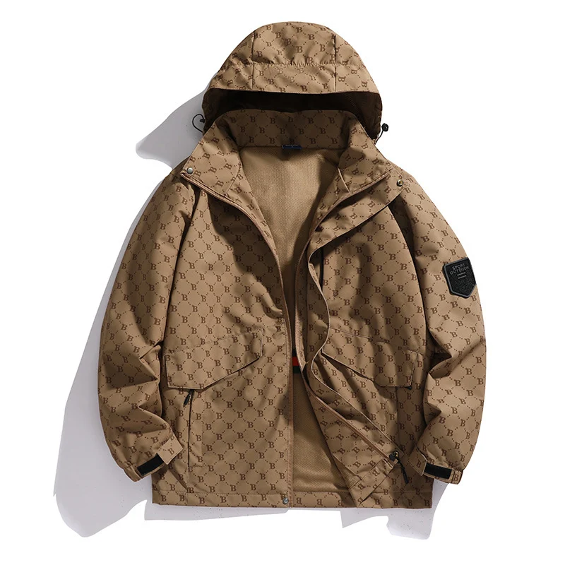 Herren Leichte Kapuzen-Logoallover-Fieldjacke mit Mesh-Futter und wasserabweisender Oberfläche Drune