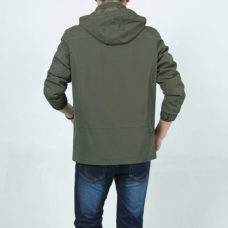 Herren Leichte Kapuzen-Fieldjacke im Urban-Utility-Stil mit Reißverschluss und Multifunktionstaschen Drune