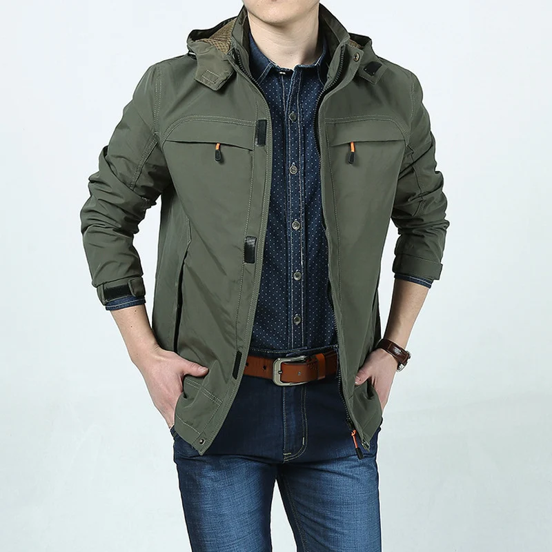 Herren Leichte Kapuzen-Fieldjacke im Urban-Utility-Stil mit Reißverschluss und Multifunktionstaschen Drune