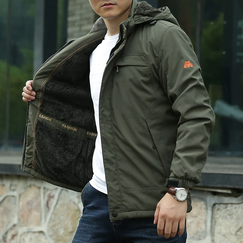 Herren Leichte Kapuzen-Fieldjacke im Urban-Utility-Stil mit Reißverschluss und Multifunktionstaschen Drune