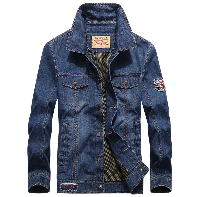 Herren leichte Jeansjacke im Worker-Blouson mit atmungsaktivem Mesh-Innenfutter und Ärmelpatch Drune