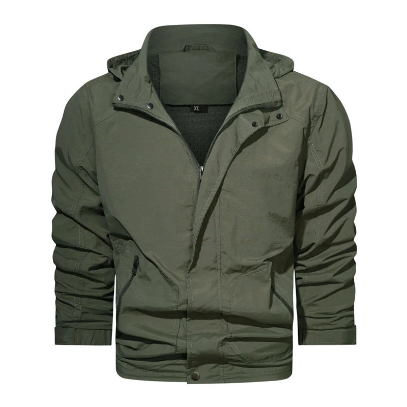 Herren Leichte Fieldjacke mit Kapuze, windabweisender Shell und Reißverschlusstaschen Drune