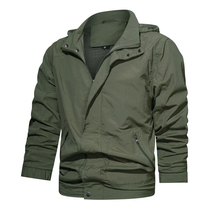 Herren Leichte Fieldjacke mit Kapuze, windabweisender Shell und Reißverschlusstaschen Drune