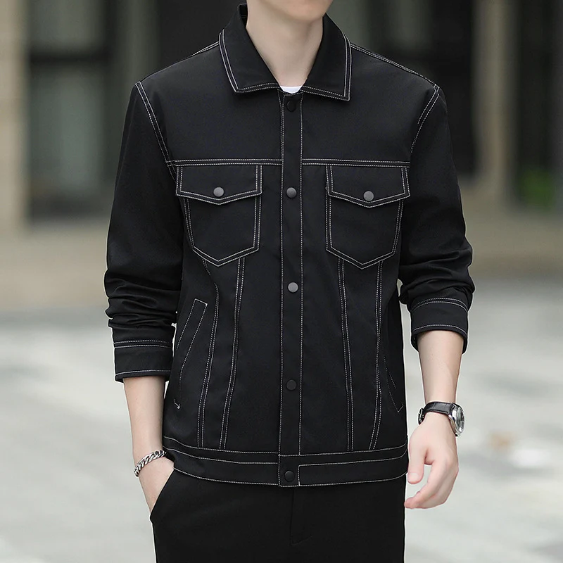 Herren leichte Canvas-Truckerjacke mit sichtbaren Kontrastnähten und Brustpattentaschen Drune