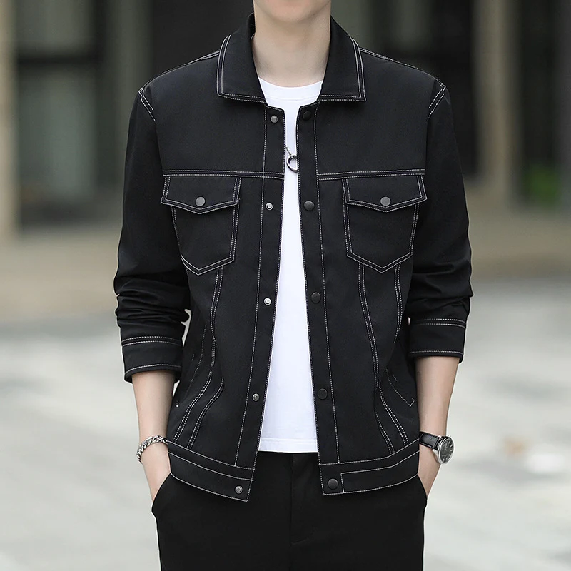 Herren leichte Canvas-Truckerjacke mit sichtbaren Kontrastnähten und Brustpattentaschen Drune