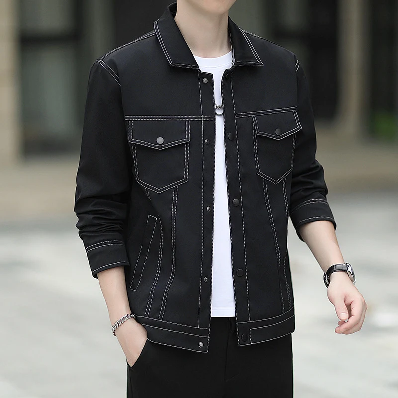 Herren leichte Canvas-Truckerjacke mit sichtbaren Kontrastnähten und Brustpattentaschen Drune