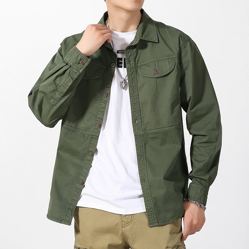 Herren leichte Canvas-Hemdjacke im Overshirt-Stil mit Brustpattentaschen und Knopfverschluss Drune