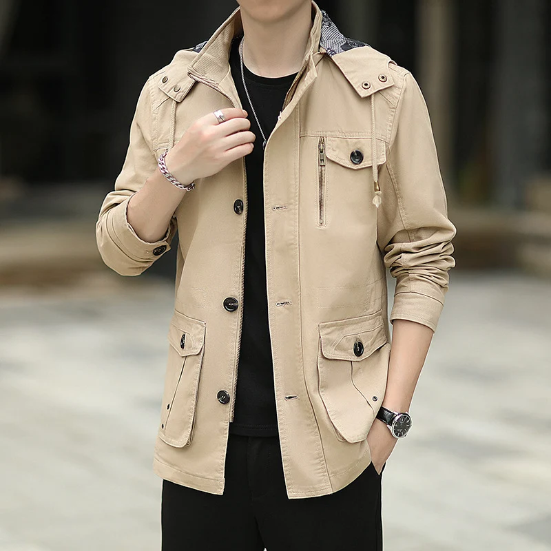 Herren leichte Canvas-Fieldjacke mit Kapuze, Multifunktionstaschen und Reißverschluss Drune