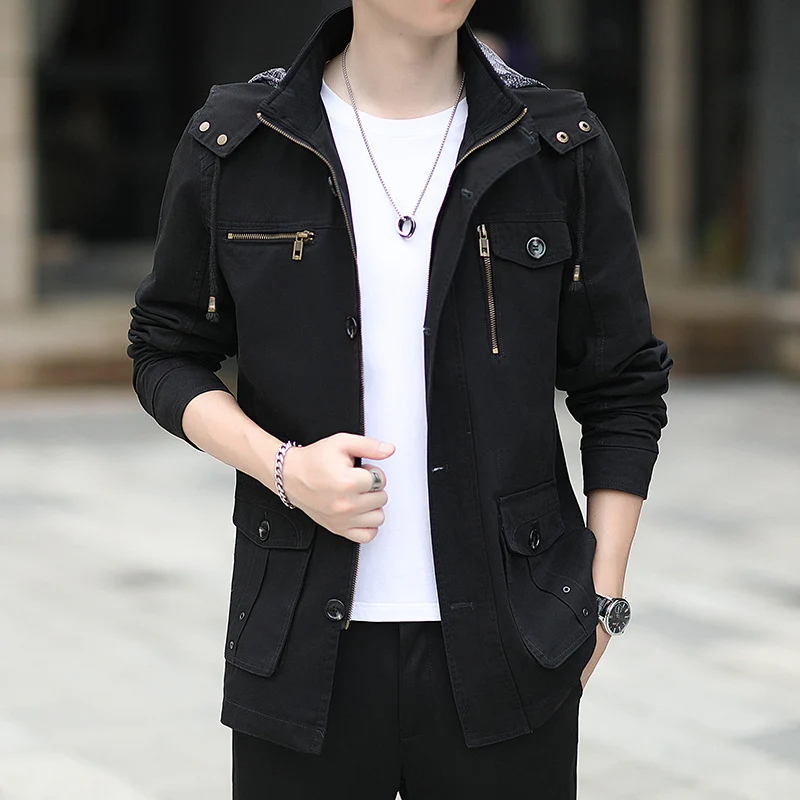 Herren leichte Canvas-Fieldjacke mit Kapuze, Multifunktionstaschen und Reißverschluss Drune