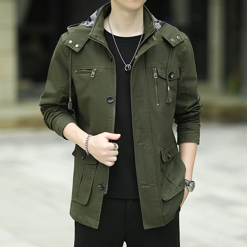 Herren leichte Canvas-Fieldjacke mit Kapuze, Multifunktionstaschen und Reißverschluss Drune