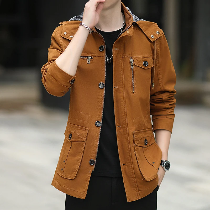 Herren leichte Canvas-Fieldjacke mit Kapuze, Multifunktionstaschen und Reißverschluss Drune