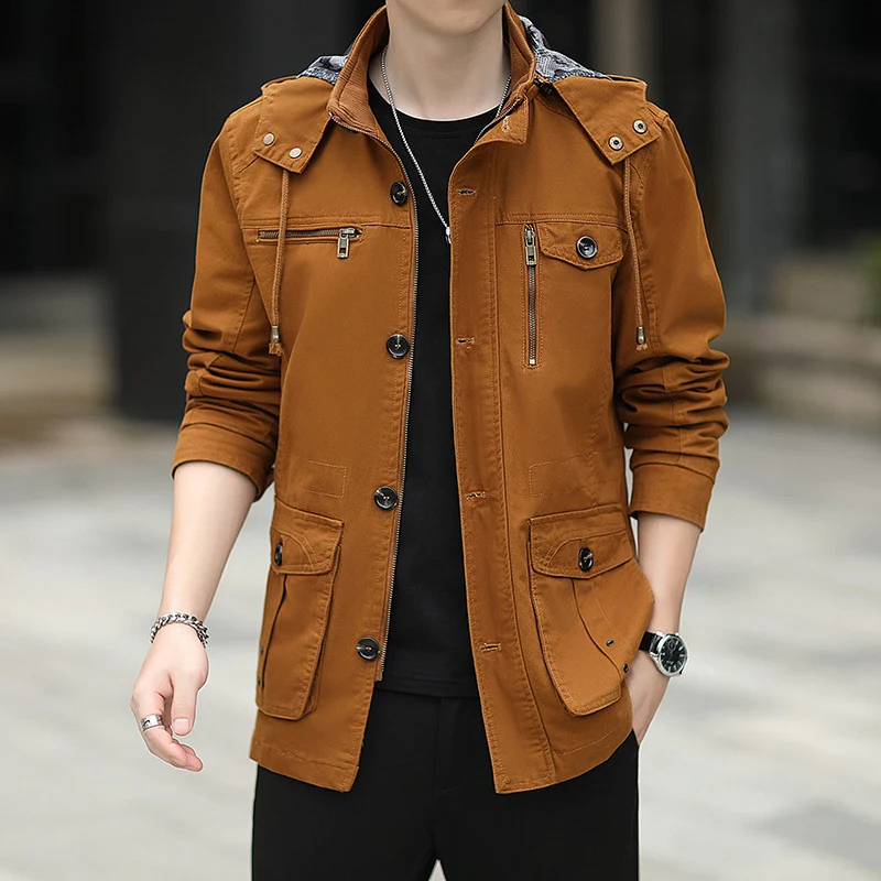 Herren leichte Canvas-Fieldjacke mit Kapuze, Multifunktionstaschen und Reißverschluss Drune