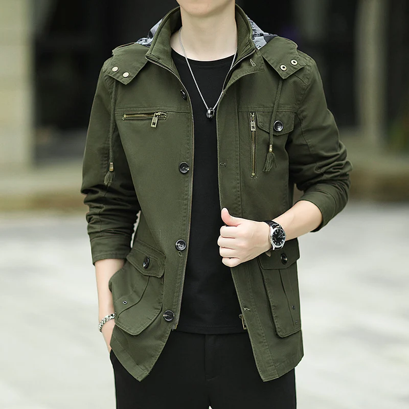 Herren leichte Canvas-Fieldjacke mit Kapuze, Multifunktionstaschen und Reißverschluss Drune