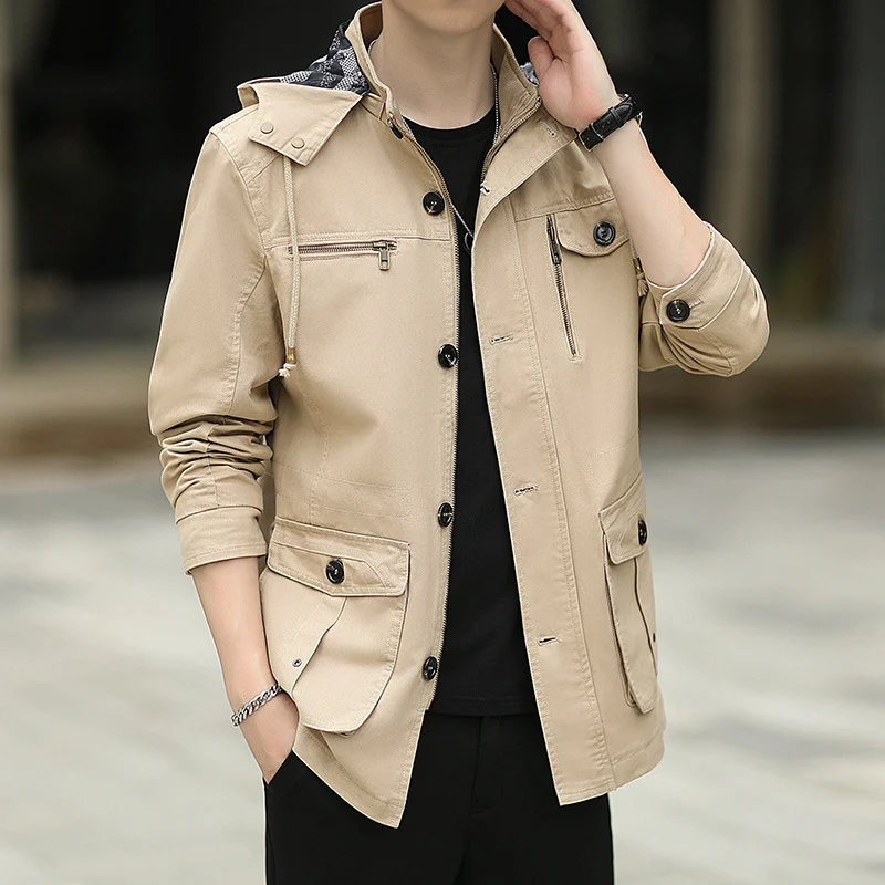 Herren leichte Canvas-Fieldjacke mit Kapuze, Multifunktionstaschen und Reißverschluss Drune