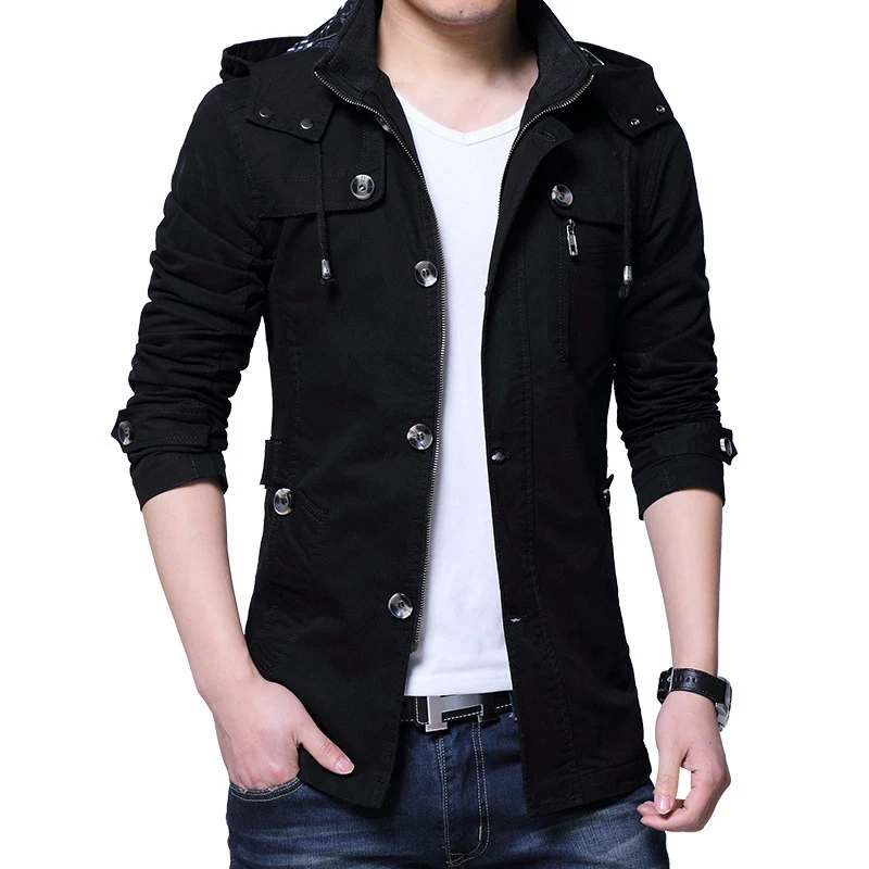 Herren leichte Baumwoll-Fieldjacke mit Kapuze, zweifachem Verschluss und Rollärmel Drune