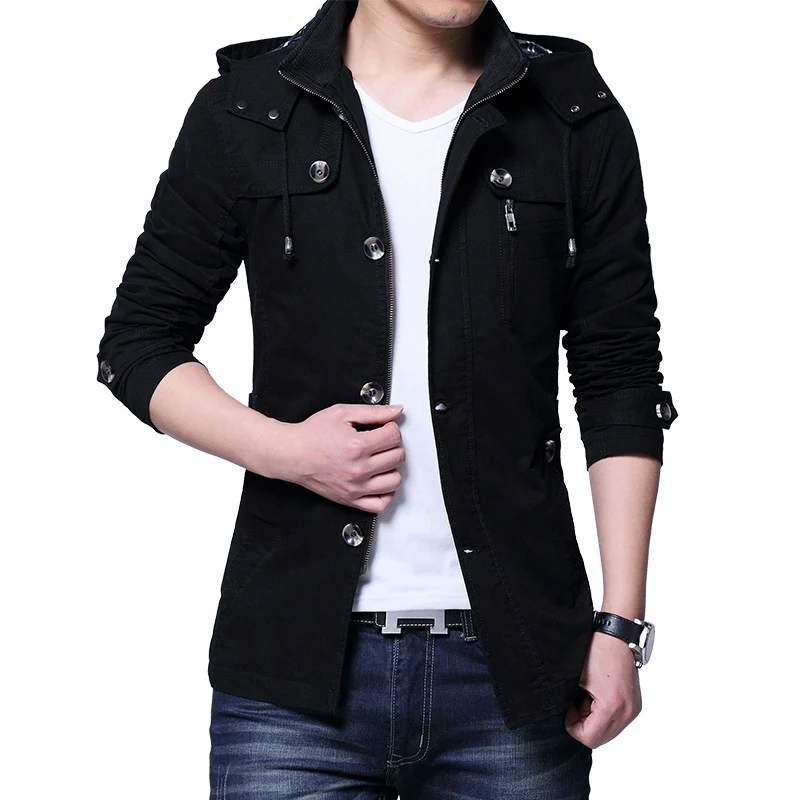 Herren leichte Baumwoll-Fieldjacke mit Kapuze, zweifachem Verschluss und Rollärmel Drune