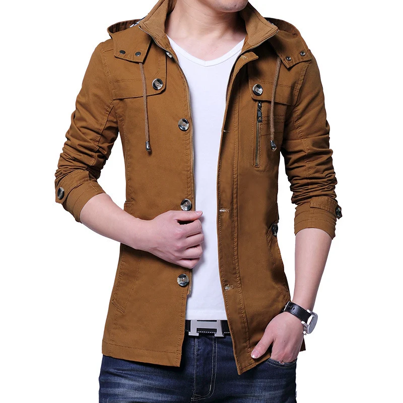 Herren leichte Baumwoll-Fieldjacke mit Kapuze, zweifachem Verschluss und Rollärmel Drune