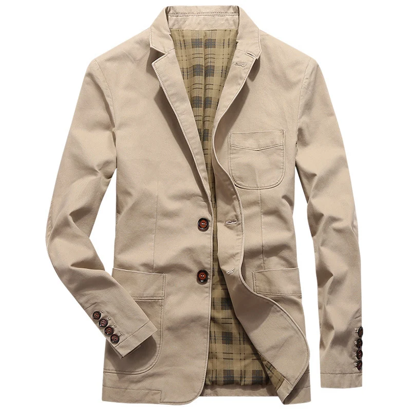 Herren legeres Canvas-Sakko mit aufgesetzten Taschen und kariertem Innenfutter Drune