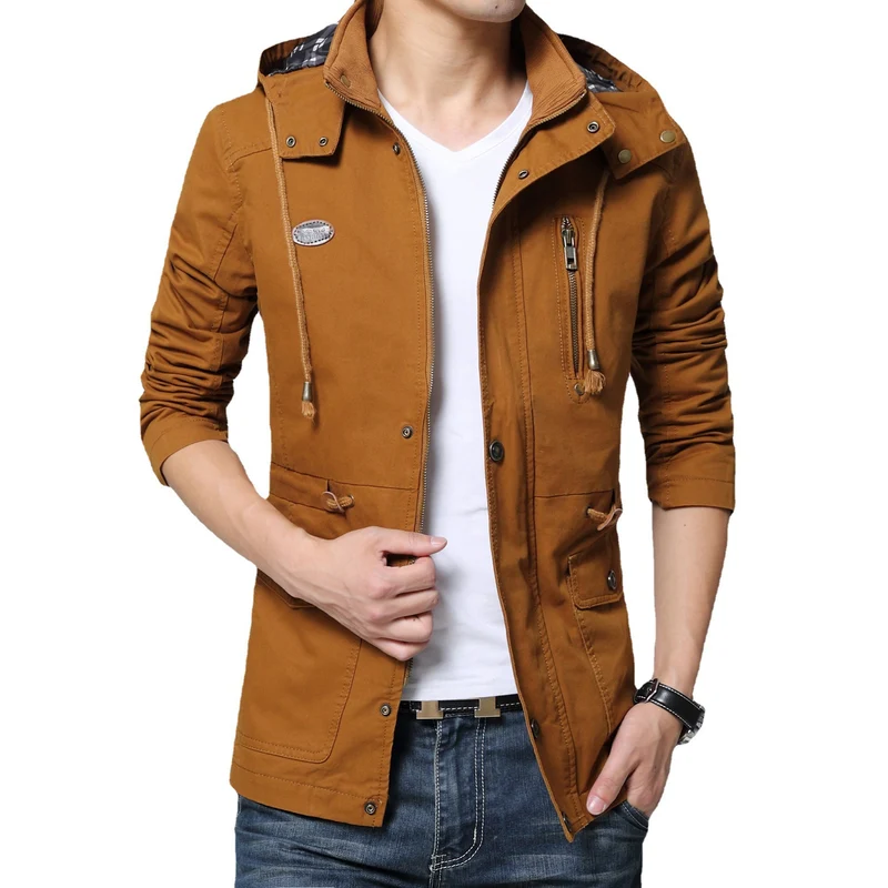 Herren leichter Baumwoll-Militärparka mit Kapuze, Kordzug-Taille und verdeckter Reißverschluss Drune